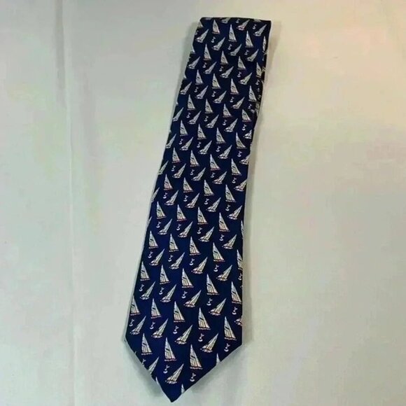 AMERICAN LIVING MENS 100% SILK TIE BLUE MARITIME OCEAN SAILBOATS BUOYS - Picture 1 of 8